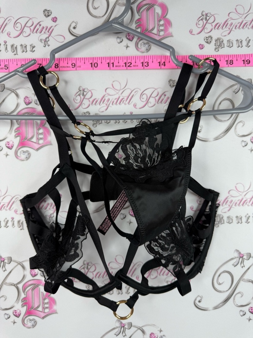 Victoria's Secret set 2piece Strappy Lace Harness Bra & bottoms Black Gold Rings